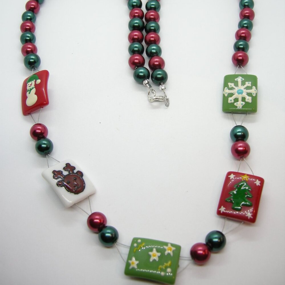 Double Wire Holiday Package Tile Necklace & Spiral Christmas Tree Dangle Earring